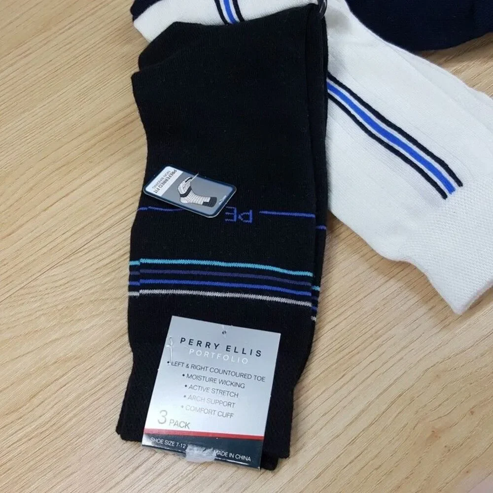PERRY ELLIS Crew Dress Socks White Black Navy 3-Pack Moisture Wicking Logo